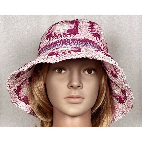 Steve Madden Accessories - Steve Madden Crochet Bucket Hat Pink Granny Square One Size